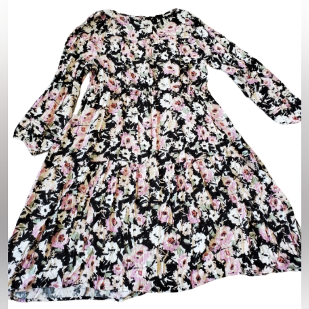 Torrid plus floral swiss dot long sleeves tiered midi dress, 2XL, black - Picture 8 of 13